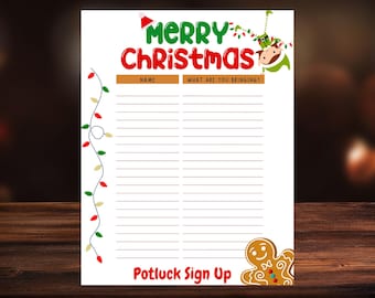 Könnte beinhalten: Ein druckbares Anmeldeformular für ein Weihnachts-Potluck mit einer festlichen Illustration eines Elfen und eines Lebkuchenmanns. Das Formular enthält Zeilen für Namen und was die Leute mitbringen. Der Text lautet "Frohe Weihnachten Potluck Sign Up".