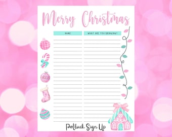 May include: A printable Christmas potluck sign-up sheet with a pink and green gingerbread house illustration. The sheet has a title that says "Merry Christmas" and includes spaces for names and what people are bringing.