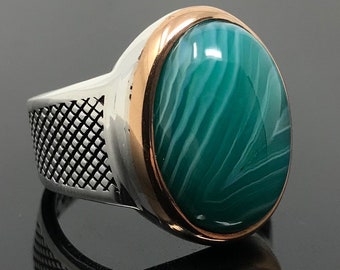 Handmade 925k Sterling Silver Veiny Natural Agate (Aqeeq) Stone Men&#39;s Ring  -Outstanding Gift