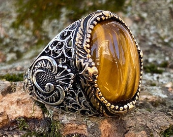 Natural Tiger Eye 925 Sterling Silver Vintage Signet Plinky Men's Gift Ring P561 Natural Tiger Eye 925 Sterling Silver Vintage Signet Plinky Men's Gift Ring P561