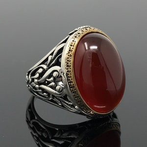 Handmade 925k Sterling Silver Red Agate Stone  (Aqeeq) Men&#39;s Ring  -Outstanding Gift