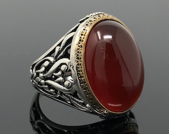 Handmade 925k Sterling Silver Red Agate Stone  (Aqeeq) Men&#39;s Ring  -Outstanding Gift