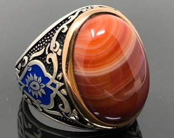 Handmade 925k Sterling Silver Natural Red Marble Agate Stone Men&#39;s Ring with Blue Enameled on Sides -Outstanding Gift
