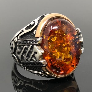Handmade 925k Sterling Silver Honey Amber Stone Men&#39;s Ring with Cubic Zircon Stones on Sides -Outstanding Gift