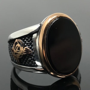 Anel masculino feito à mão em prata esterlina 925k natural oval preto ônix pedra sultão assinatura - presente excepcional -