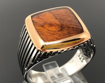 Handmade 925k Sterling Silver Wooden Enameled Elegant Men's Ring  -Outstanding Gift -