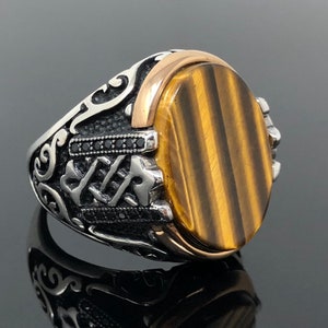 Handgemaakte 925k Sterling Silver Natural Tiger Eye Stone Heren Ring met Cubic Zircon Stones aan de zijkanten -Outstanding Gift - Heavy 19gr!