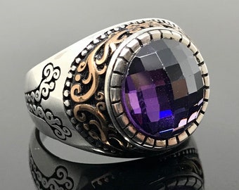 Handmade 925k Sterling Silver Brilliant Cut Round Zircon Stone Fligree Elegant Men&#39;s Ring  -Outstanding Gift -