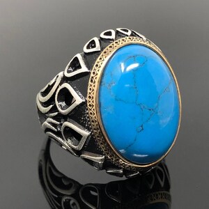 Handmade 925k Sterling Silver Turquoise Stone Floral Design  Men&#39;s Ring  -Outstanding Gift- Gift for Him - Free Special Gift Box Included