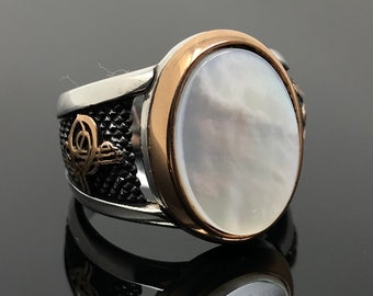 Handmade 925k Sterling Silver Oval Mother of Pearl Stone  Sultan Signature Men's Ring  -Outstanding Gift