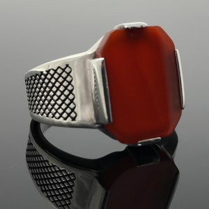 925 Sterling Silver Red Agate Aqeeq Elegant & Plain  Men&#39;s Ring