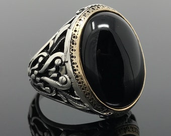 Handmade 925k Sterling Silver Natural Oval Black Onyx Stone Elegant Men&#39;s Ring  -Outstanding Gift -