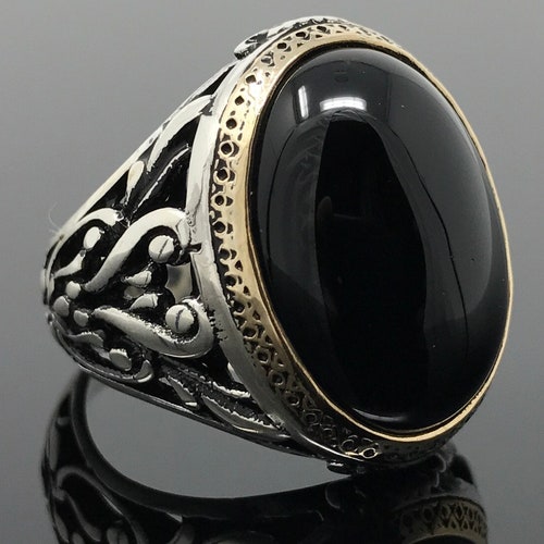Obsidian Black Aqeeq Men Ring Natural Stone Sterling Silver - Etsy