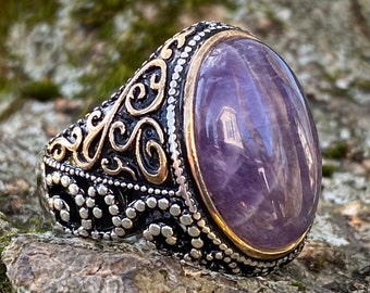 Handmade 925k Sterling Silver Natural Amethyst Stone Elegant Men&#39;s Ring -Outstanding Gift -Amethyst Ring- A gift for Him- Gift Ideas for Men