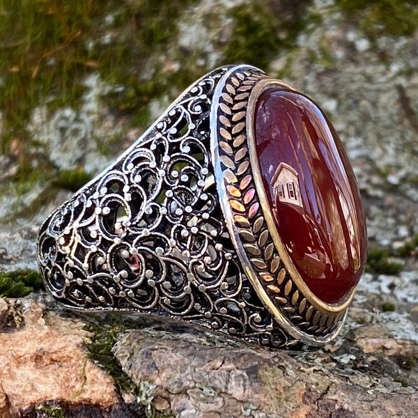 Handmade 925k Sterling Silver Red Agate Stone  (Aqeeq) Men's Ring  -Outstanding Gift