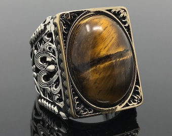 Large Handmade 925k Sterling Silver Natural Tiger Eye Stone Elegant Men&#39;s Ring -Outstanding Gift - 18gr!