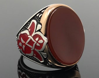 Handmade 925k Sterling SilverRed Agate Stone Men's Ring with Red Enameled on Sides -Outstanding Gift