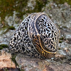 Handmade 925k Sterling Silver Heavy  Large Carved Men&#39;s Ring  -Outstanding Gift - A gift for him - Silver Men ring - Carved Ring  Bulky Ring