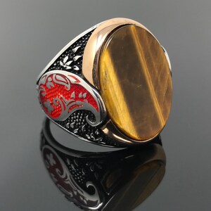 Handgemaakte 925k Sterling Zilver natuurlijke Tiger Eye steen mannen Ring met rood geëmailleerd aan zijden - uitstekende Gift-