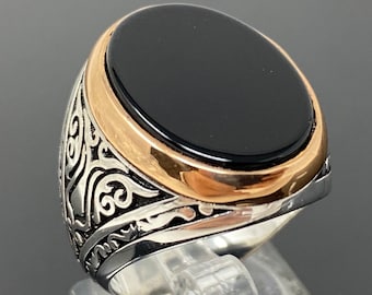 Handmade 925k Sterling Silver Natural Black Onyx Stone Mediterranean Men&#39;s Ring -Outstanding Gift