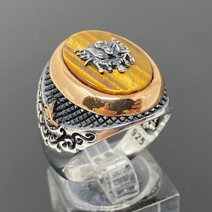 Handgemaakte 925k Sterling Silver Natural Tiger Eye Stone Wapen Herenring -Outstanding Gift -