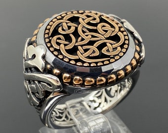 925 Sterling Silver Knots Pattern HEAVY (25 GR) Large Men's Ring w/ Marcasite Stone - Outstanding Gift