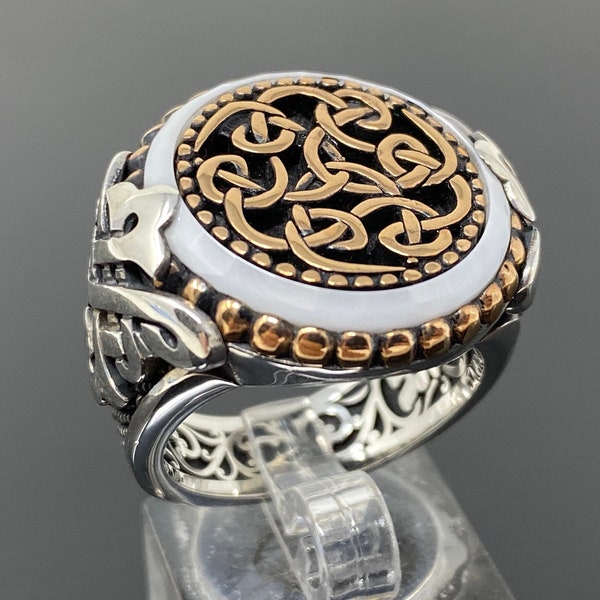 925 Sterling Silver Knots Pattern HEAVY (25 GR) Large Men's Ring w/ Onyx Stone - Outstanding Gift