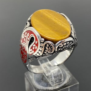 Handgemaakte 925k Sterling Silver Natural Tiger Eye Stone Herenring met rood geglazuurd op zijkanten -Uitstekend cadeau -
