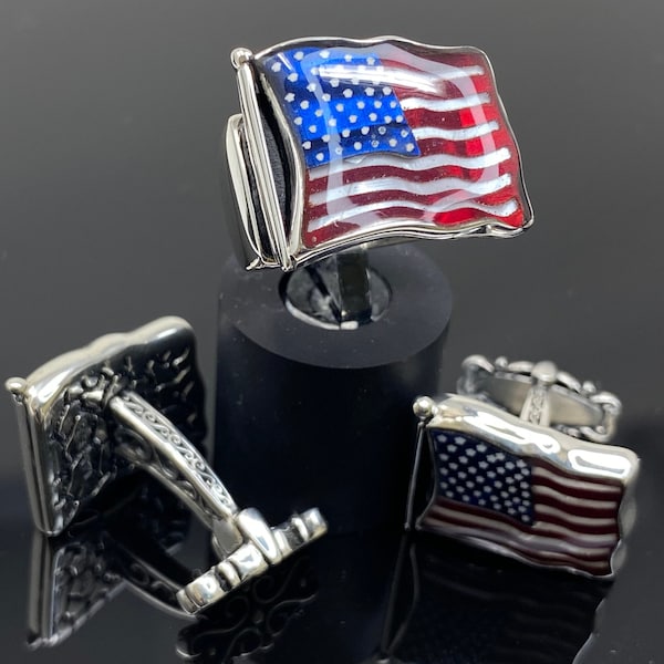 Newly Designed Handmade 925k Sterling Silver American Flag Enameled Cuff Links Waved Shape -Outstanding Gift