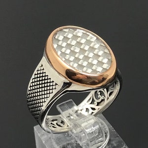 Handmade 925k Sterling Silver Oval Enameled Real Carbon Fiber Elegant Men&#39;s Ring  -Outstanding Gift -