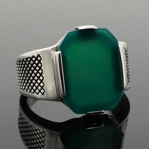 925 Sterling Silver Green Agate Elegant Plain Style Men&#39;s Ring