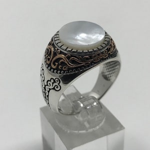 Handmade 925k Sterling Silver Round Mother of Pearl Stone Men's Ring with Fligree Design Outstanding Gift image 4