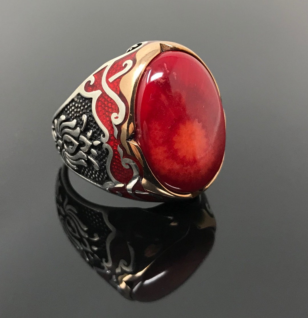 Handmade 925k Sterling Silver Red Coral Stone Men's Ring - Etsy