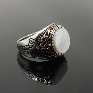 Handmade 925k Sterling Silver Round Mother of Pearl Stone Men's Ring with Fligree Design Outstanding Gift image 2