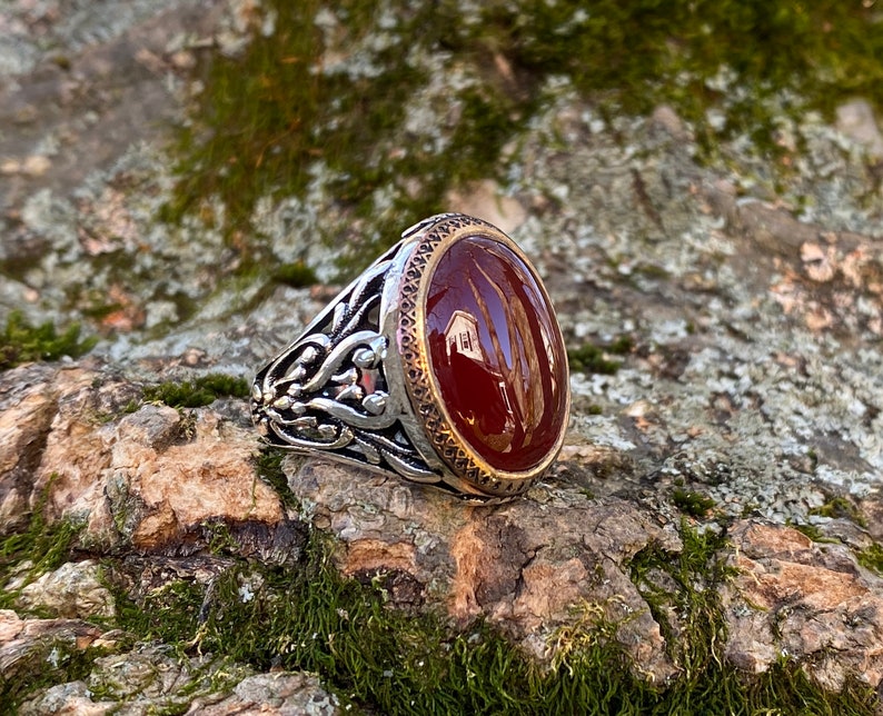 Handmade 925k Sterling Silver Red Agate Stone Aqeeq Men's Ring Outstanding Gift image 2