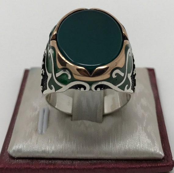 Handmade Authentic Natural Green Agate Stone 925 Sterling Silver Men's Ring D59 Handmade Authentic Natural Green Agate Stone 925 Sterling Silver Men's Ring D59