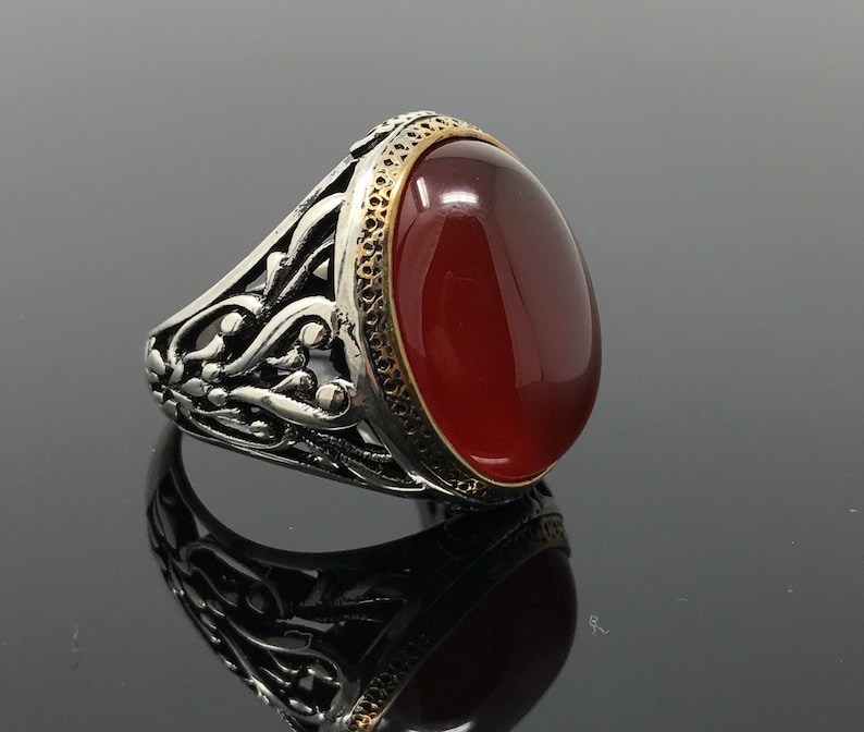 Handmade 925k Sterling Silver Red Agate Stone Aqeeq Men's Ring Outstanding Gift image 9