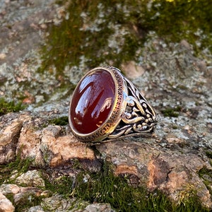 Handmade 925k Sterling Silver Red Agate Stone Aqeeq Men's Ring Outstanding Gift image 4