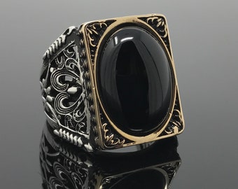 Large Handmade 925k Sterling Silver Natural Oval Black Onyx Stone Elegant Men&#39;s Ring  -Outstanding Gift - 18gr!