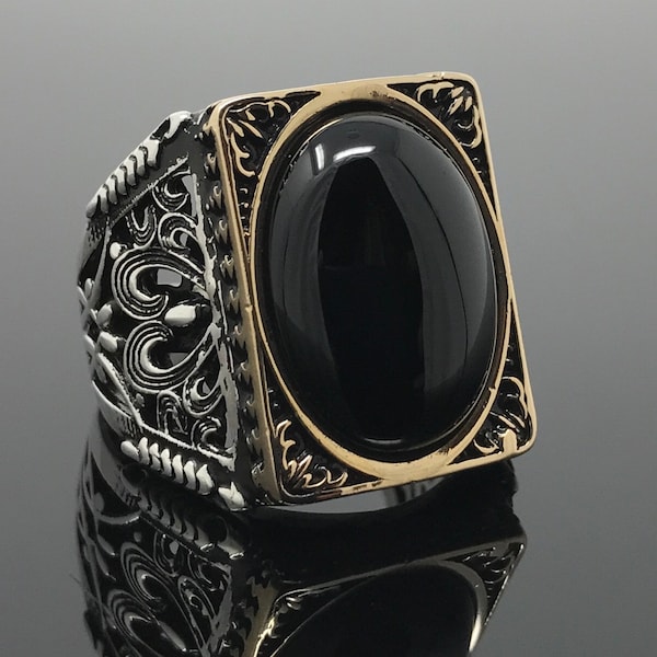 Large Handmade 925k Sterling Silver Natural Oval Black Onyx Stone Elegant Men's Ring  -Outstanding Gift - 18gr!