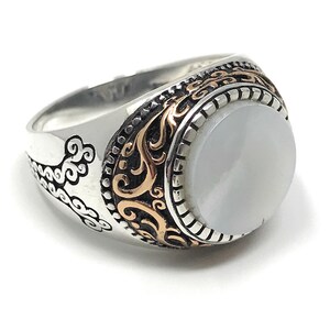 Handmade 925k Sterling Silver Round Mother of Pearl Stone Men's Ring with Fligree Design Outstanding Gift image 6