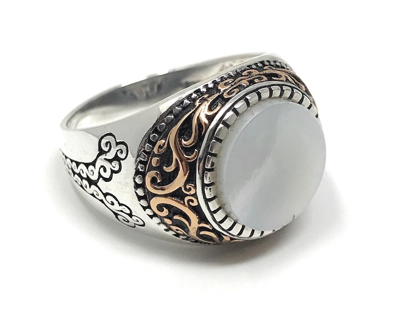 Handmade 925k Sterling Silver Round Mother of Pearl Stone Men's Ring with Fligree Design Outstanding Gift image 6