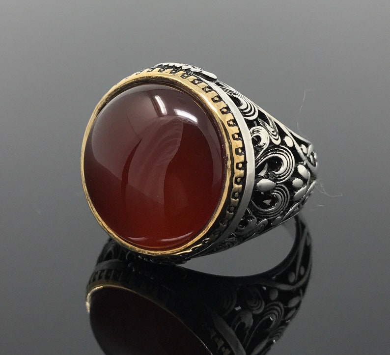 Handmade 925k Sterling Silver Round Red Agate Stone aqeeq - Etsy