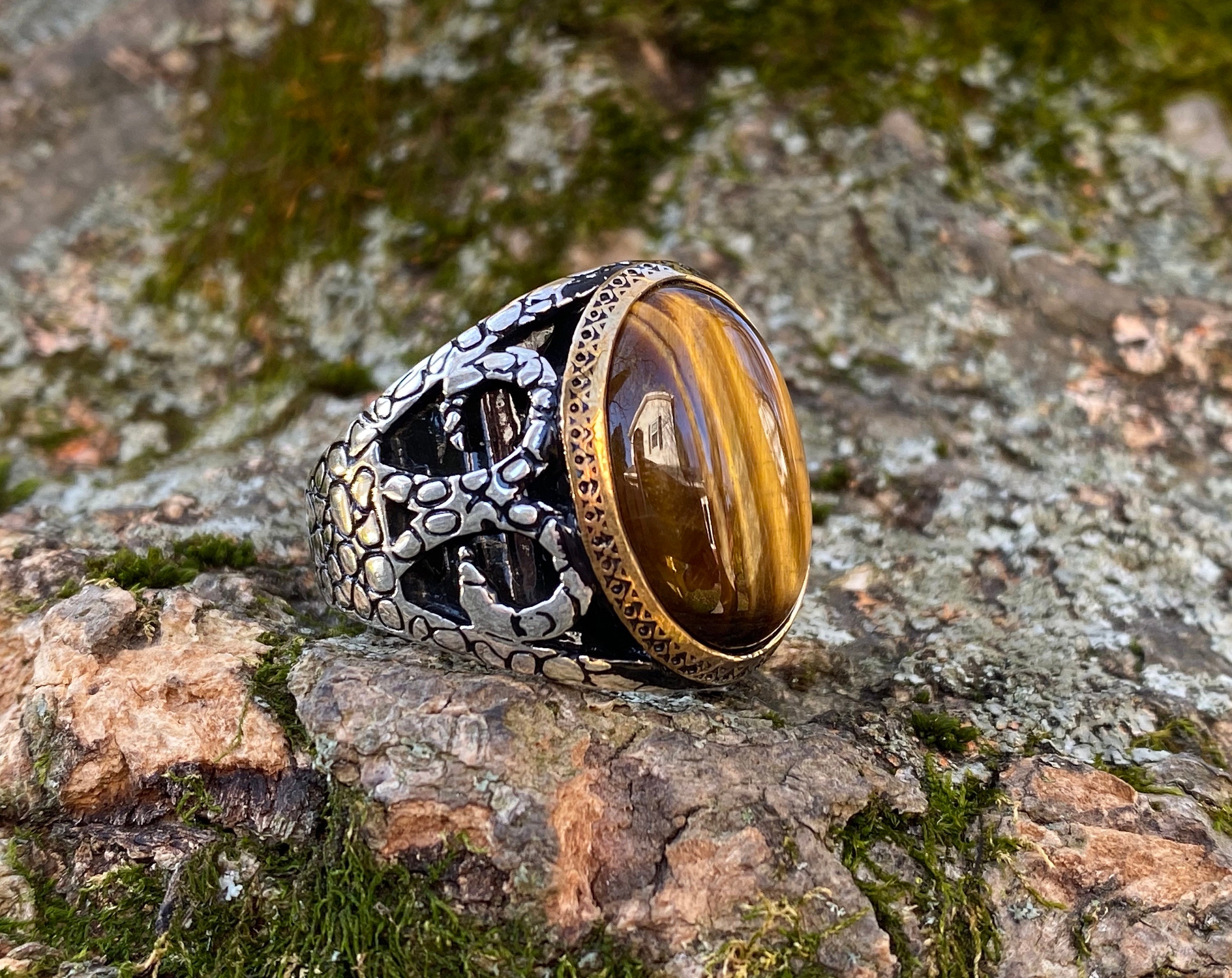 Handmade 925k Sterling Silver Natural Tiger Eye Stone Snake Motif
