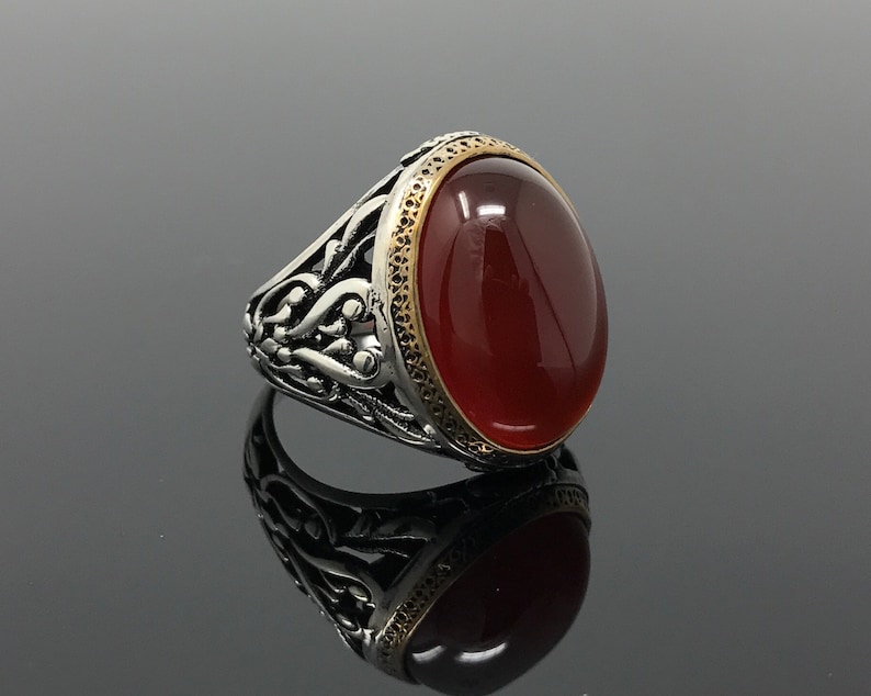 Handmade 925k Sterling Silver Red Agate Stone Aqeeq Men's Ring Outstanding Gift image 1