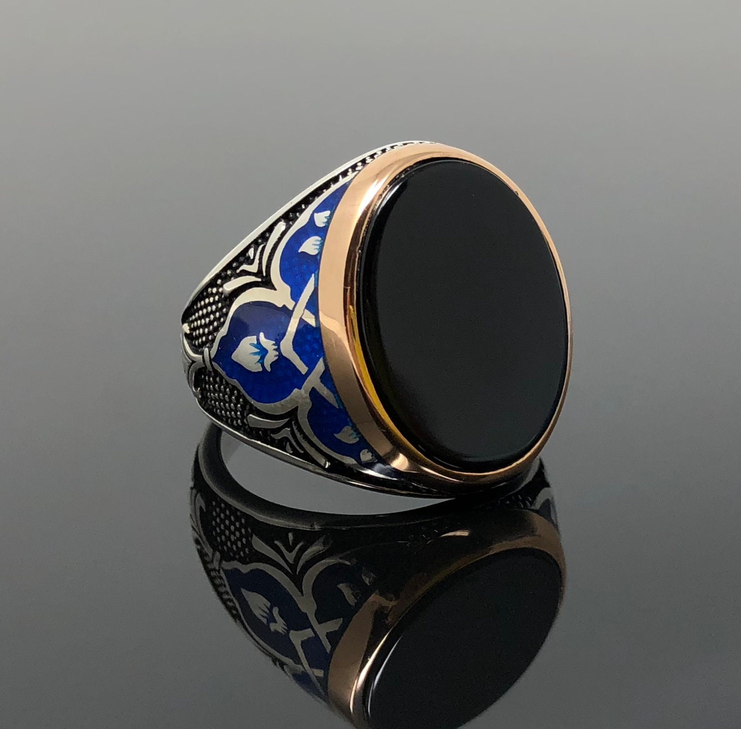 Handmade 925k Sterling Silver Black Onyx Stone Men's Ring with Blue Enameled on Sides -Outstanding Gift