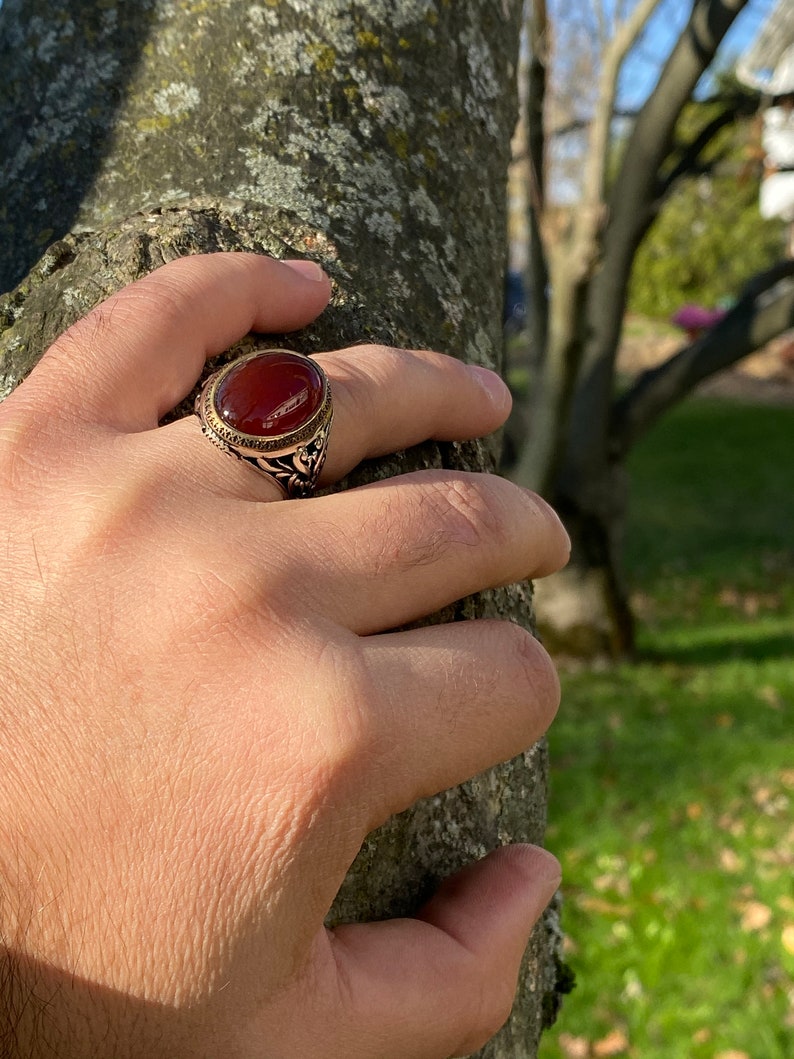 Handmade 925k Sterling Silver Red Agate Stone Aqeeq Men's Ring Outstanding Gift image 3