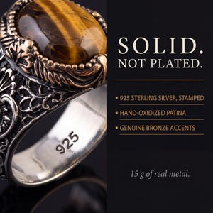 Handgemachter 925k Sterling Silber Natürlicher Tigerauge Stein Eleganter Herrenring - Hervorragendes Geschenk - 16,5gr!