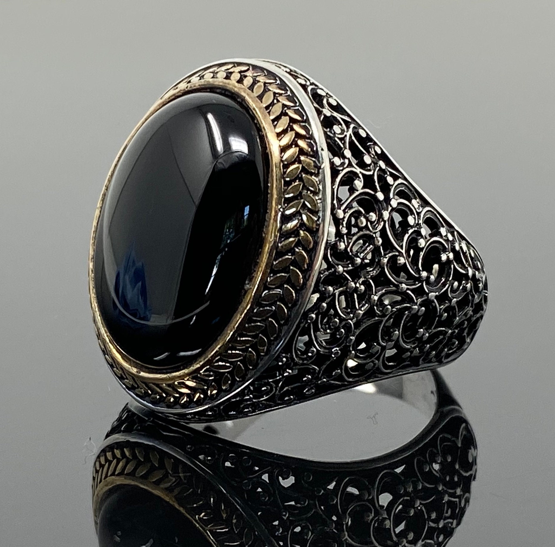 Handmade 925k Sterling Silver Natural Oval Black Onyx Stone | Etsy