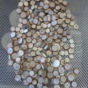 May include: A large pile of round, wooden slices, all of a similar size and shape, are spread out on a metal surface. The slices are a light brown color and have a natural, unfinished look.